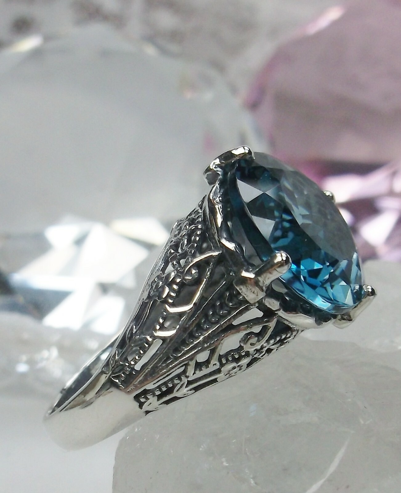 NATURAL London Blue Topaz Sterling Silver Filigree Ring Made To Order D#54