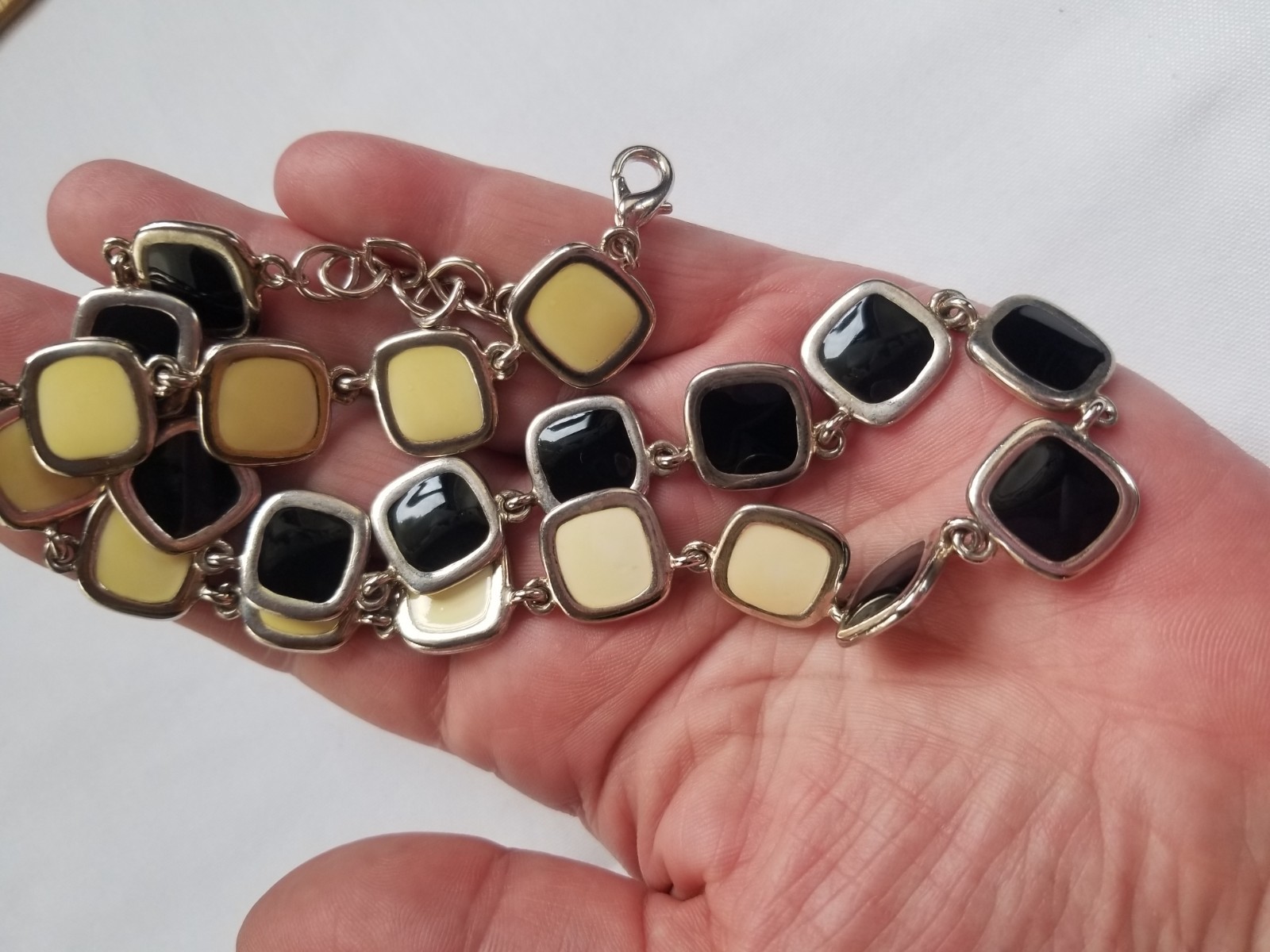 Vintage 1970s Black and Cream Enamel Geometric Necklace Reversible Silvertone