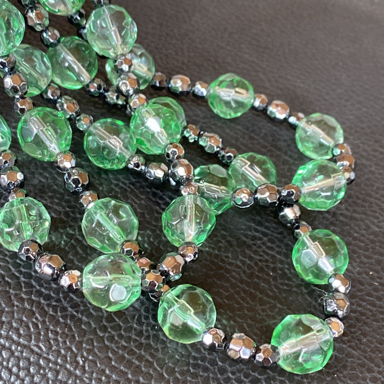 Vintage Green Glass Faceted 3 Strand Necklace w/ Matching Pair Drop Earrings Set