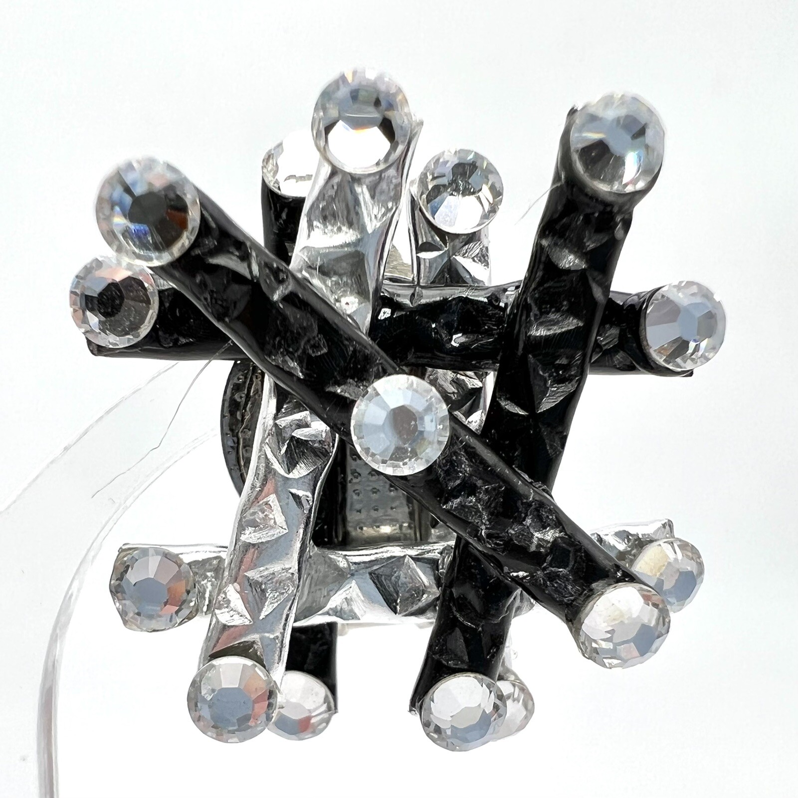 Vintage 1980s Jeff Lieb Black Silver Rhinestone Clip Earrings