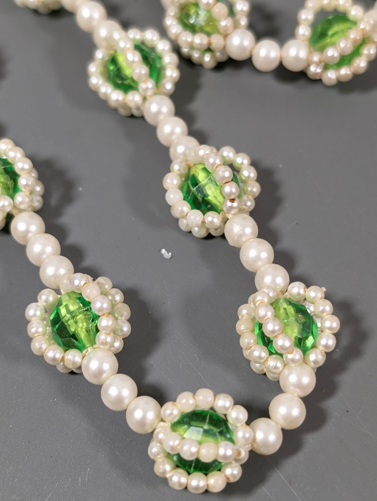 Vintage Faux Pearl Bright Green Woven Style Beaded Necklace 30″
