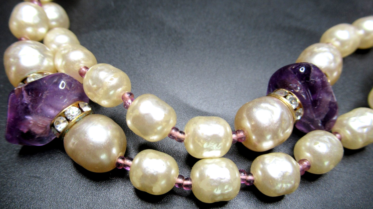 MIRIAM HASKELL Baroque Style Pearl Genuine Amethyst Sautoir Vintage Necklace