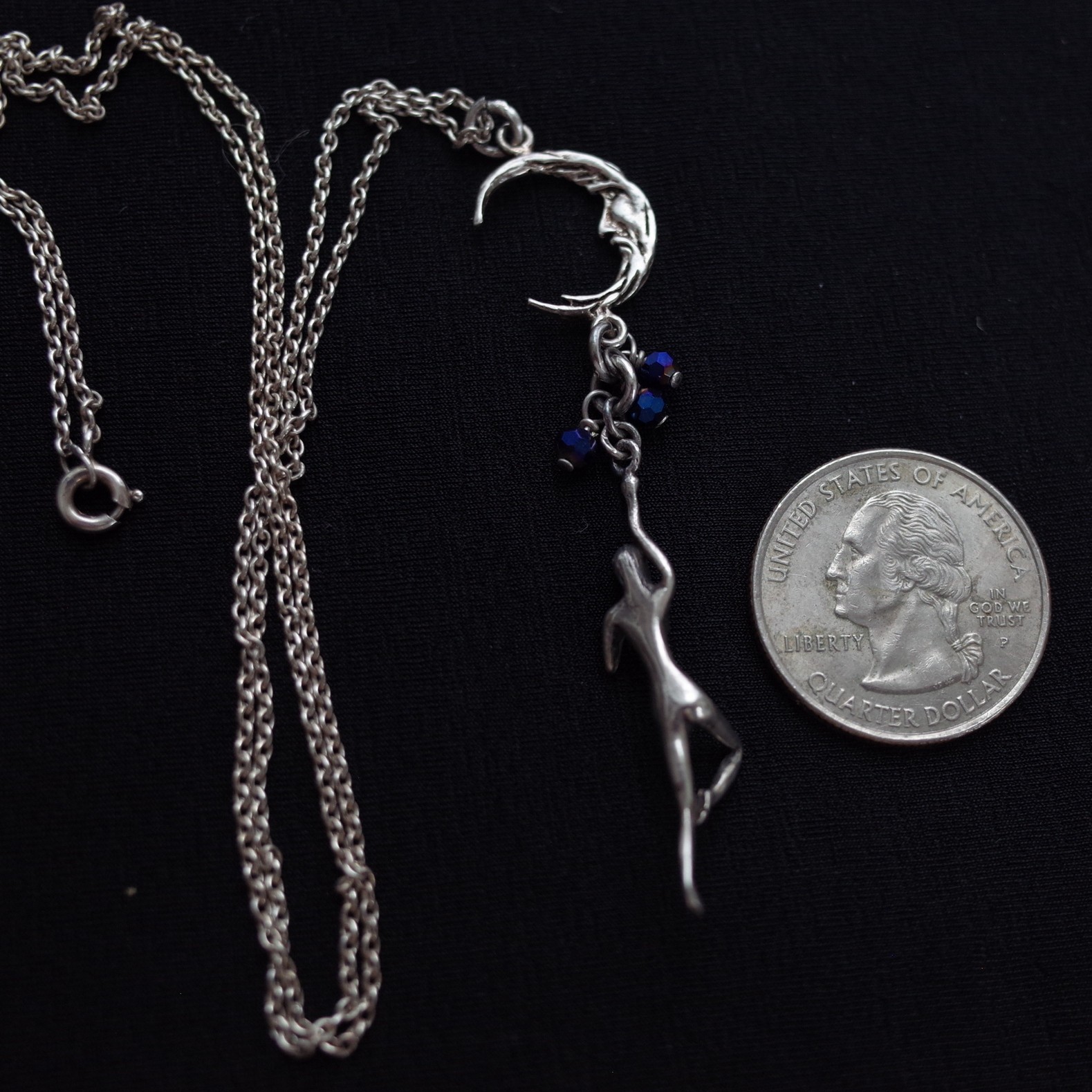 Sterling Silver Crescent Man In The Moon & Female Dancer Figure Necklace