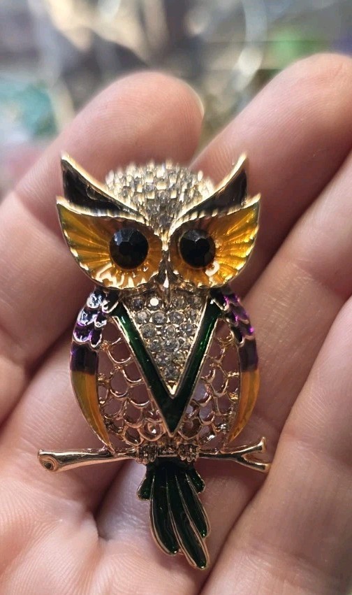 Gorgeous Green And Yellow Rhinestone Owl Brooch Pin