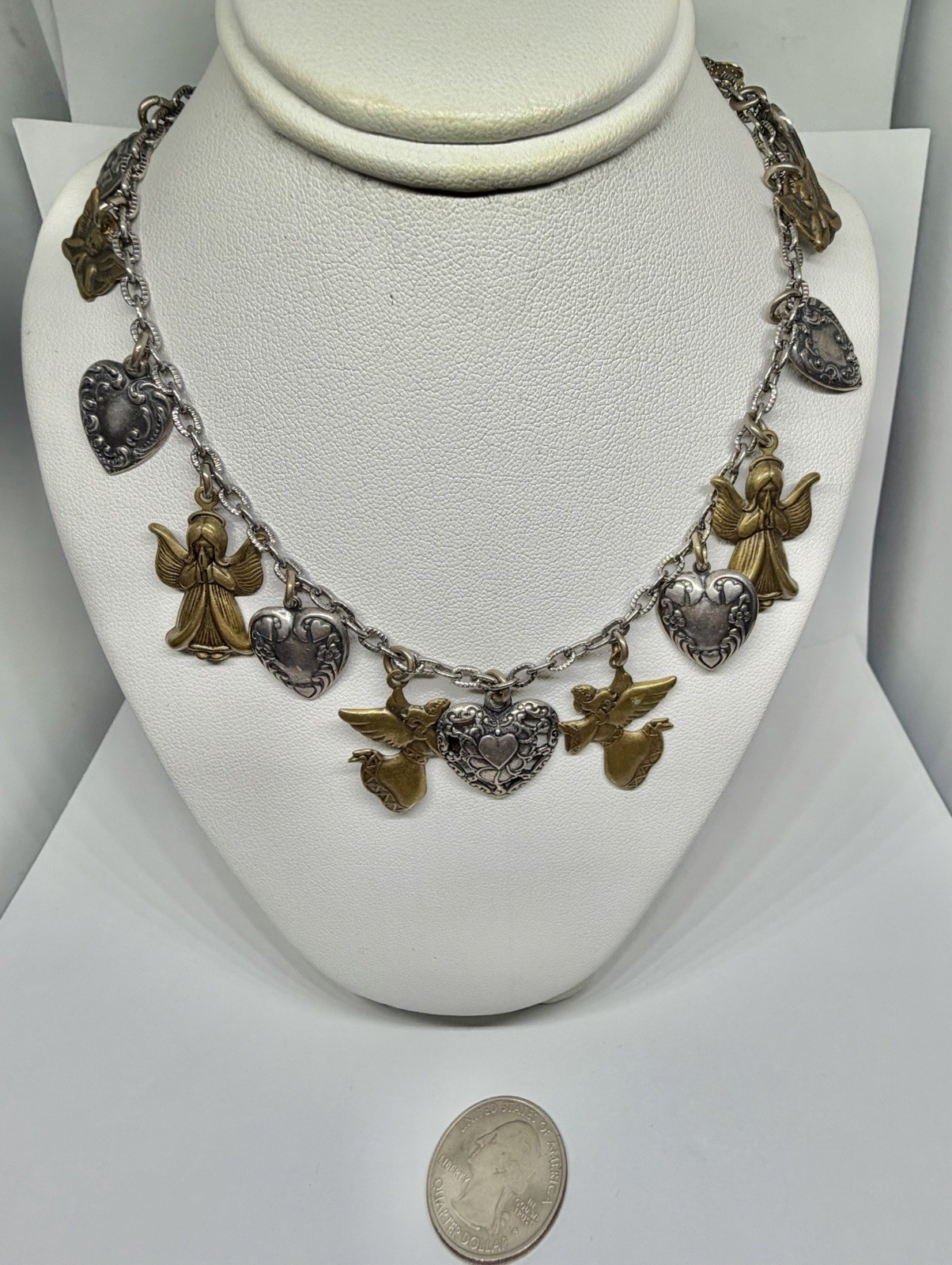 Vintage Silvertone Hearts & Goldtone Brass Angels 15 Charm Necklace 24”