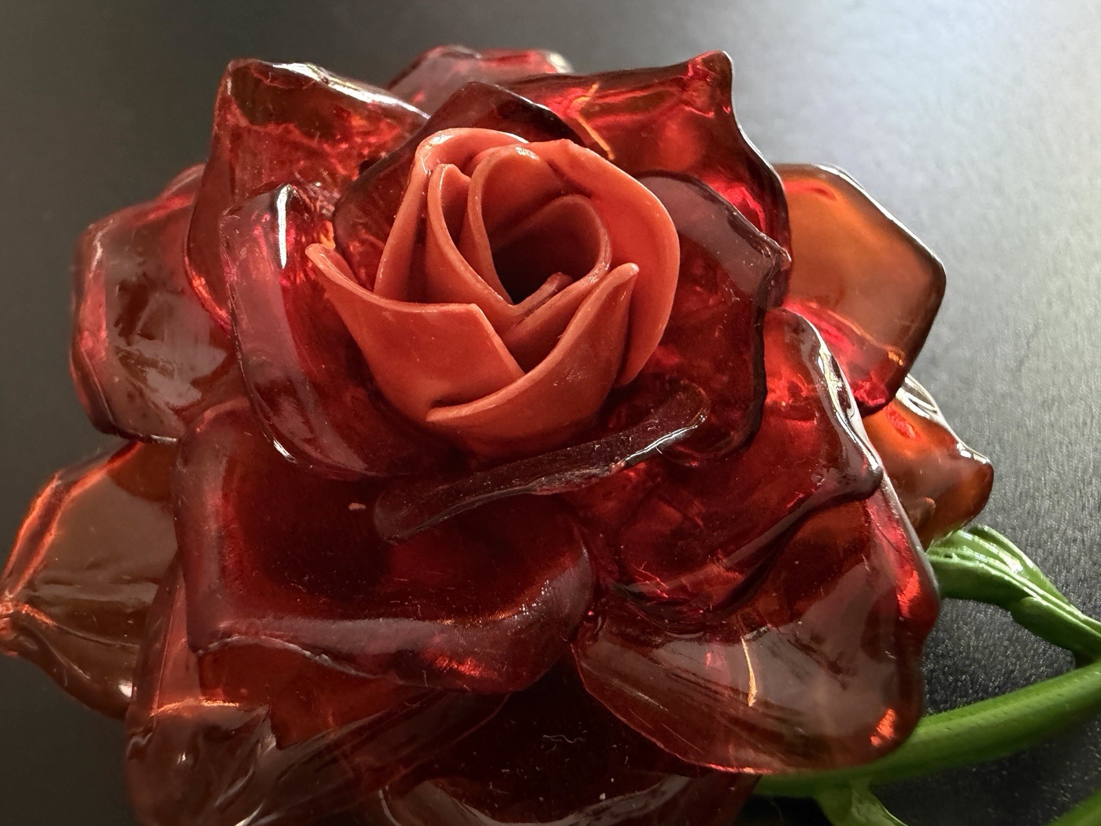 Vtg Coral Cellulose Acetate Rose Flower Brooch Enamel Green Stem 3D Translucent