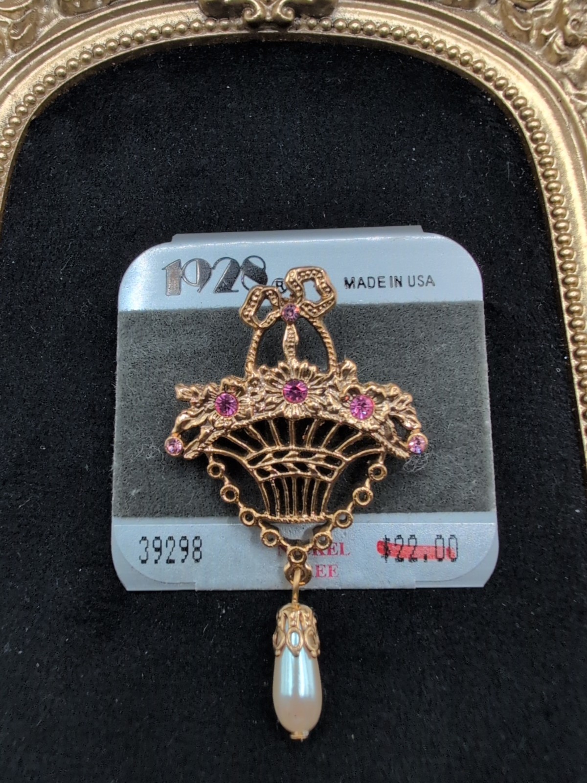 NEW 1928 Nickel Free Basket Brooch With Pink Rhinestones And Faux Pearl