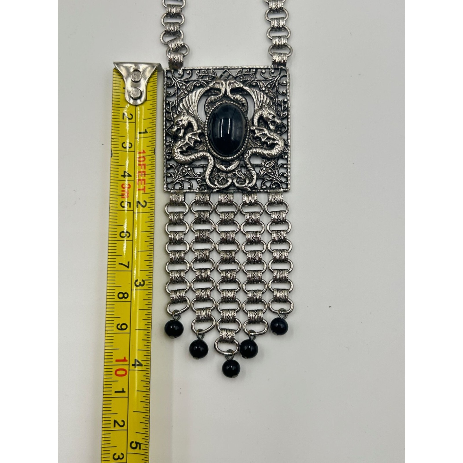Signed EDLEE Vintage Necklace Silver Tone Dragons Ornate Bookchain Beads Dangles
