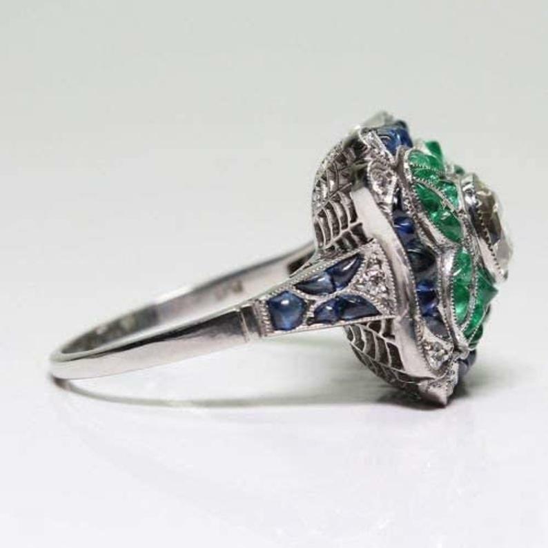 Art Deco 5.55 Ct White Round Cut Sapphire Emerald CZ Flower Wedding Ring In SS
