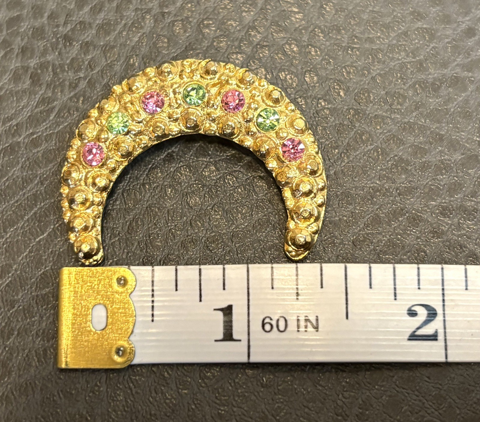 Vintage 80s Gold Tone Crescent Moon Pin Brooch Pink Green Rhinestones Celestial