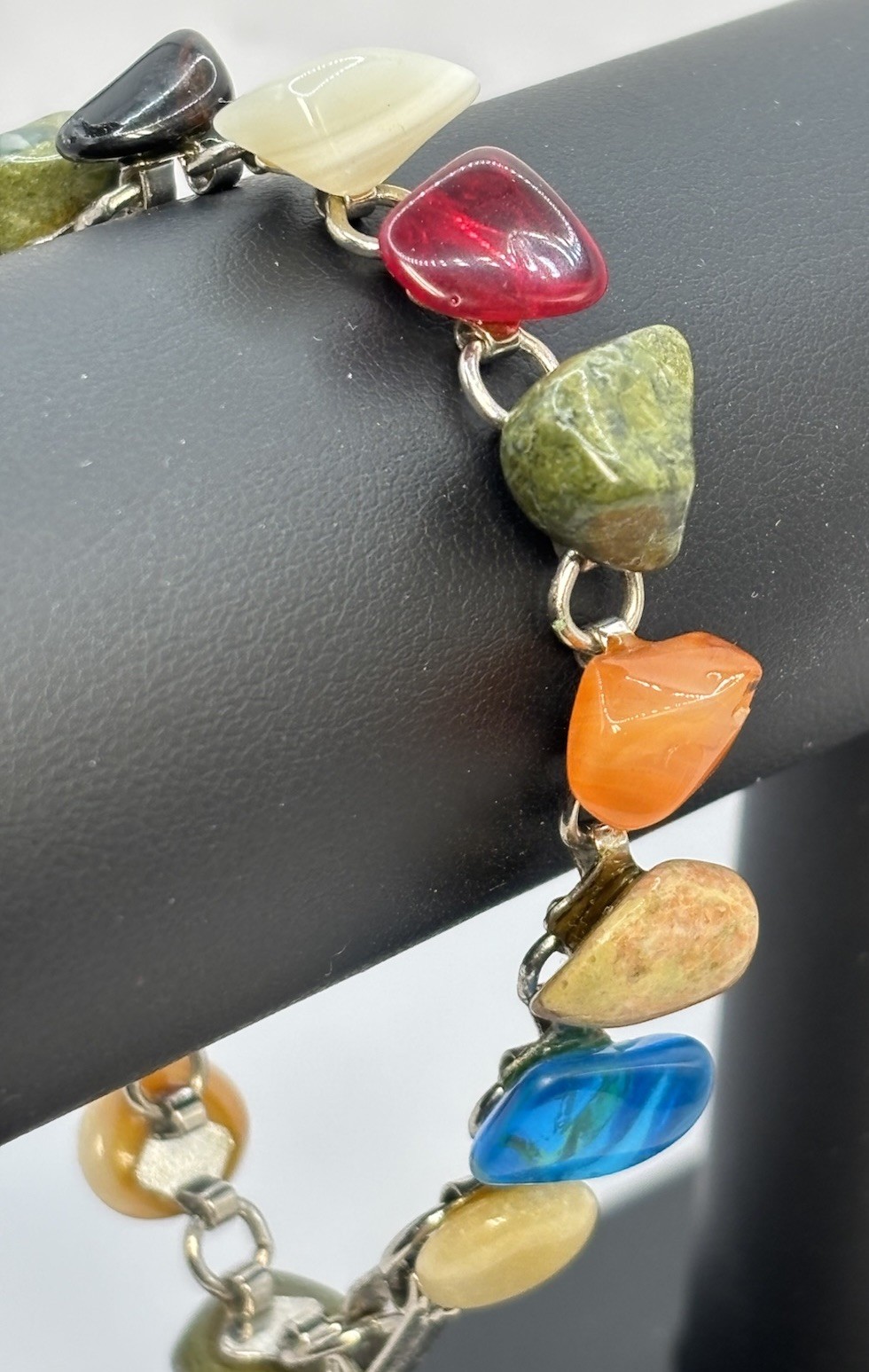 Vintage Link Polished Stone Glass Tumbled Agate Bracelet Rainbow 6.5”