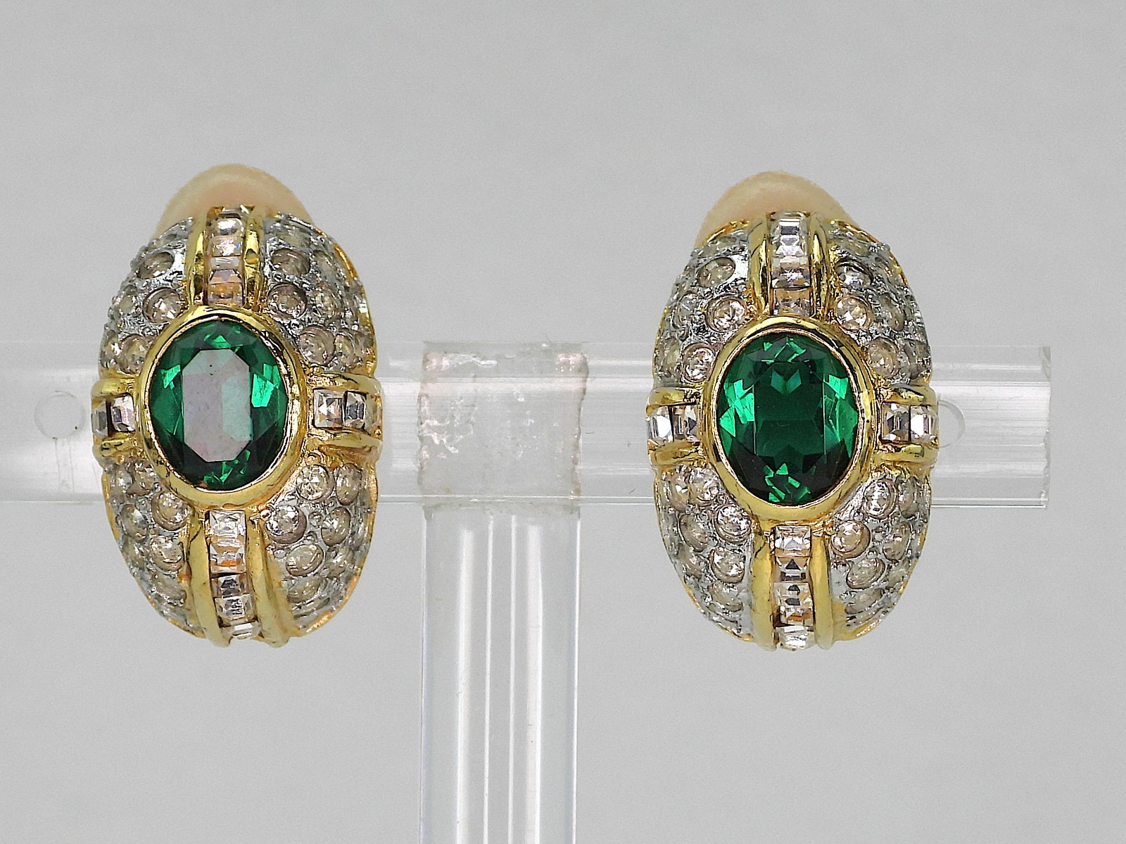 Vtg LES BERNARD Domed Earrings Clear Crystals & Faux Center Oval Green Emerald