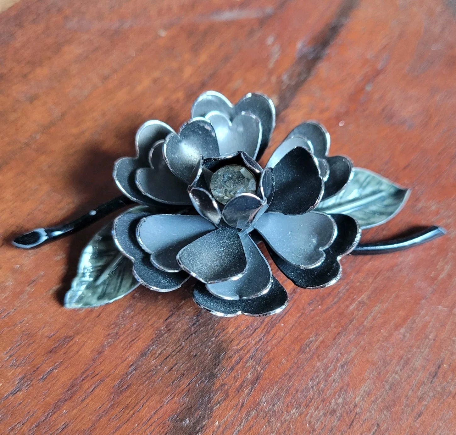 Coro Vintage Enamel Brooch Gothic Floral Pin Black & Silver Gray 1950s Botanical