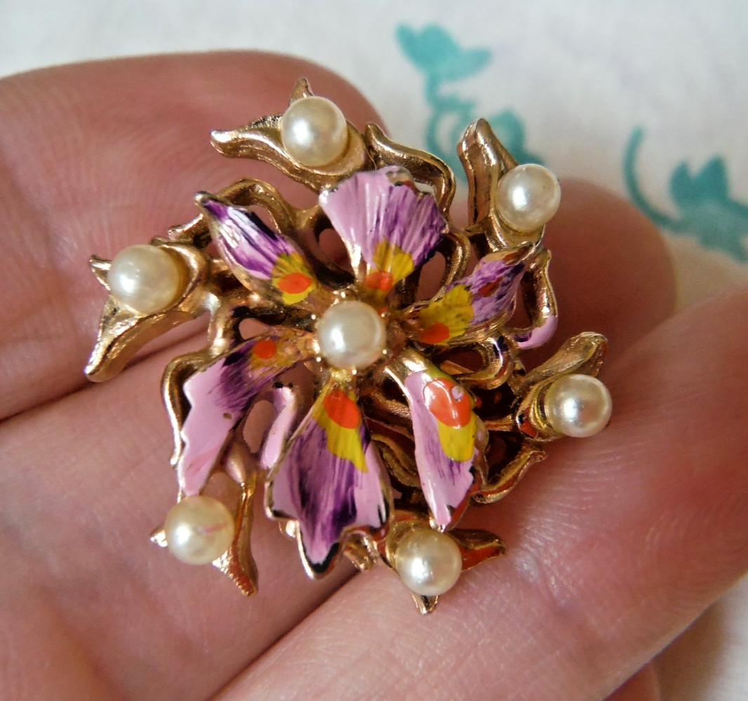 Vintage Set of Enamel Lavender Flower Pin Brooch & Earrings Seed Pearls