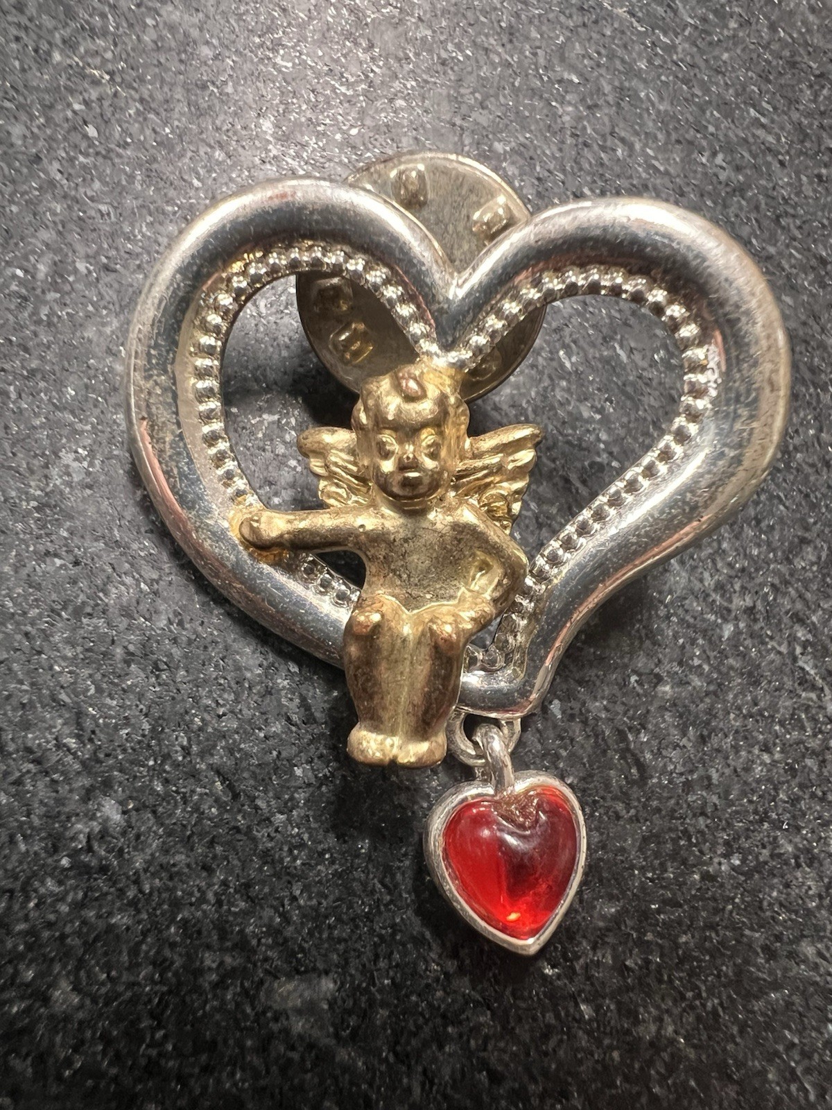 Vtg Avon Silver Plated Heart Cherub Red Dangle Heart Pin Brooch Valentines Day