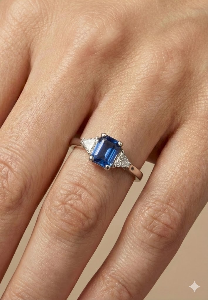 18K White Gold Engagement Ring 1.15CT. Natural Blue Sapphire Emerald Shape