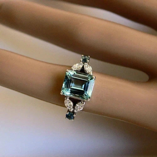 Art Deco Style Aquamarine & Lab Created Diamond Birthday 14K White Gold FN Ring