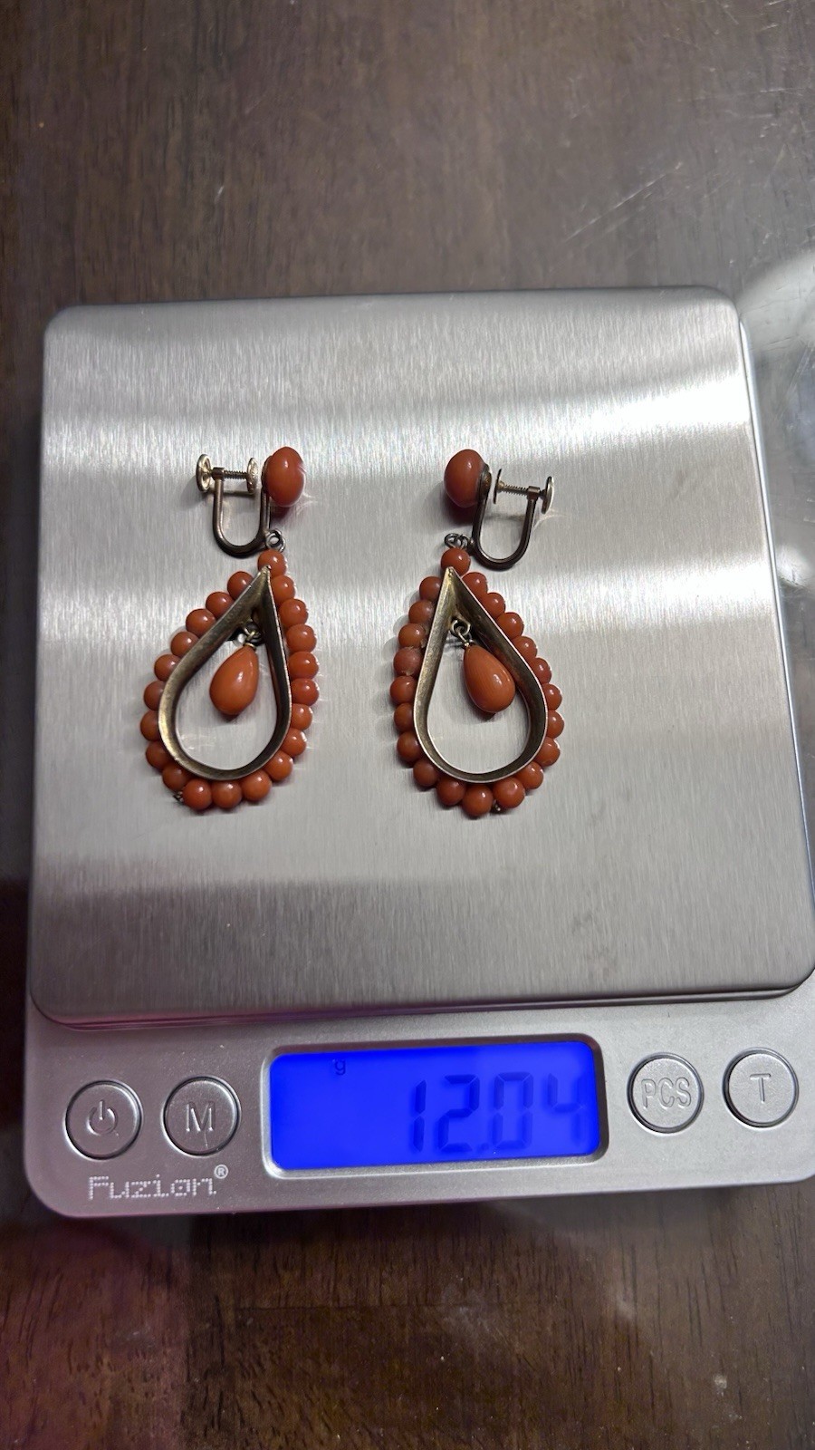Vintage Orange Coral Dangle Teardrop Screwback Earrings -14K Gold Screw!