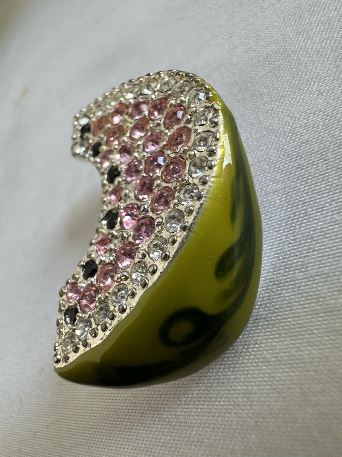 Monet Signed Vintage Enamel Rhinestone Watermelon Brooch Pin Silver Tone