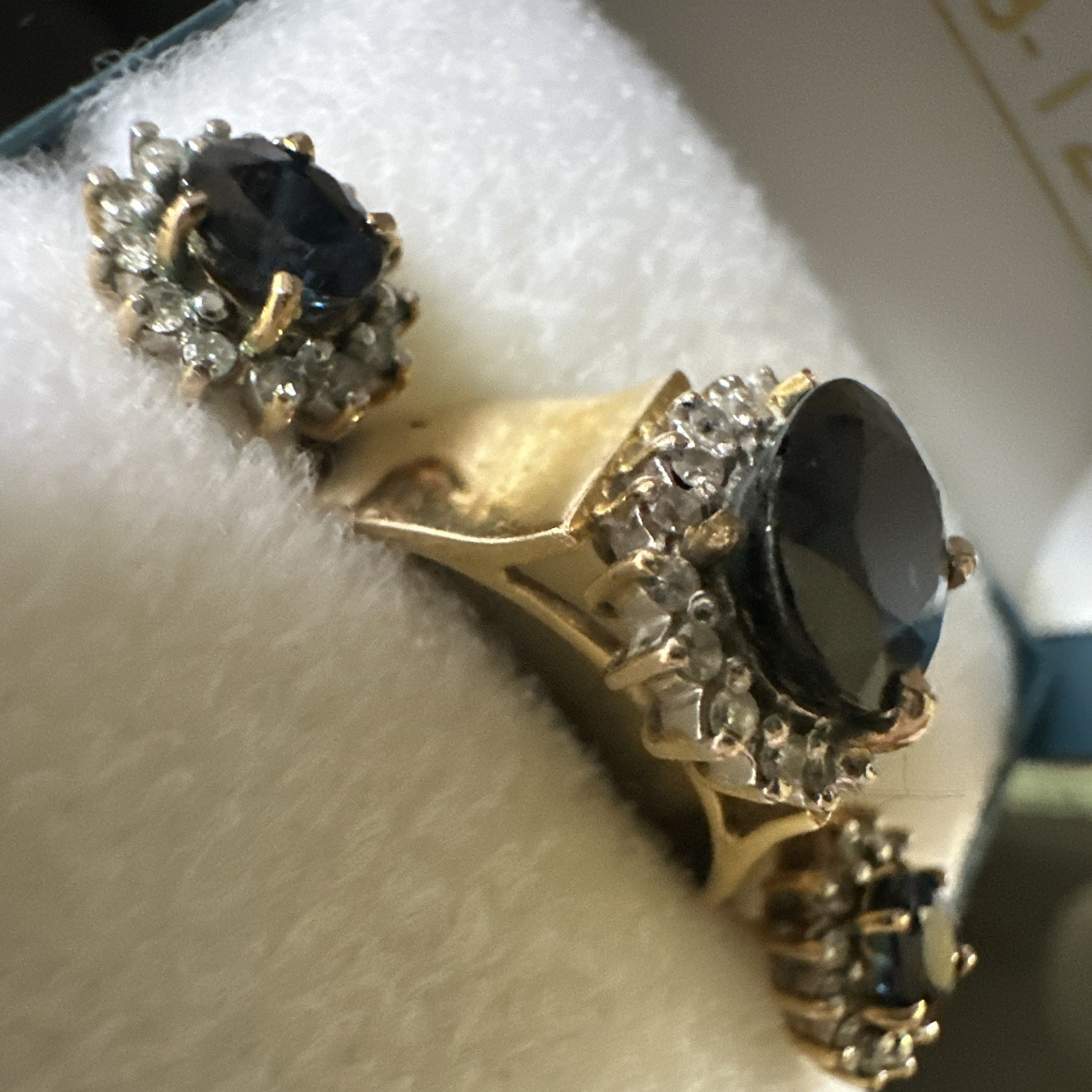 Vintage Yellow Gold Oval Blue Sapphire Halo Cluster Ring, Diamond Accents, 4/5