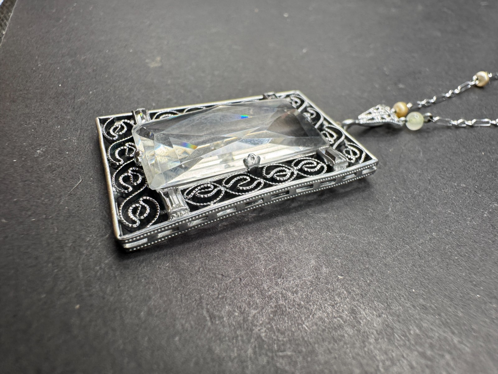 Art Deco Filigree Crystal Chain & Pendant Silver Tone