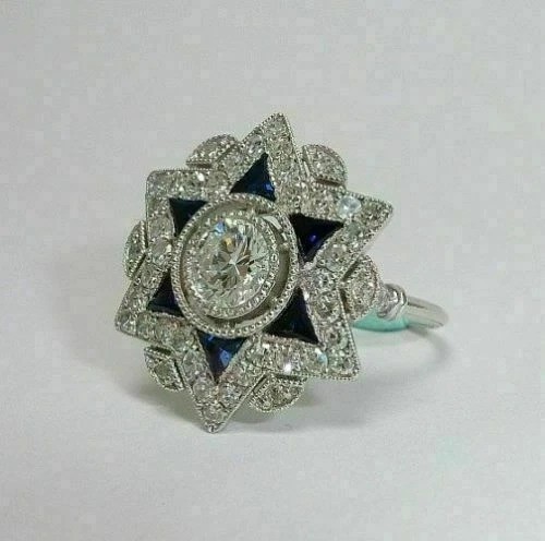 Art Deco Round Lab Created Diamond & Sapphire Wedding 14K White Gold Finish Ring