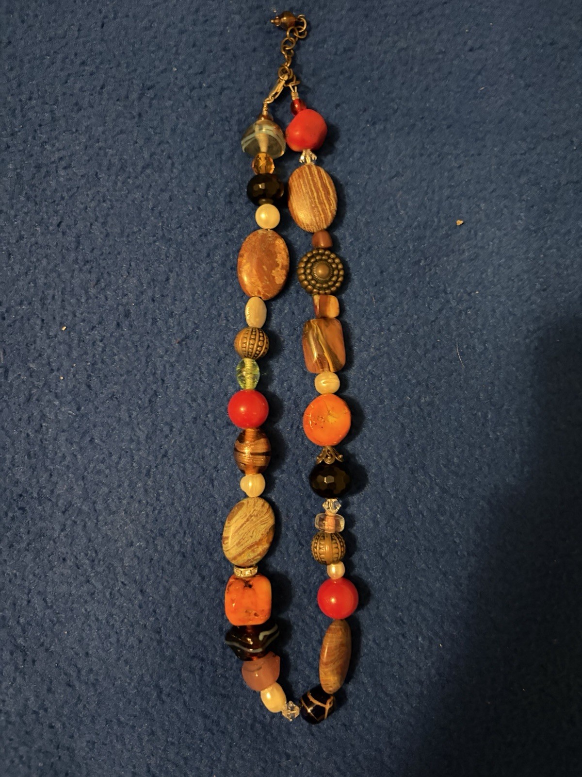 Vintage Semi Precious Gemstones Beaded Necklace With Freshwater Pearls 20”