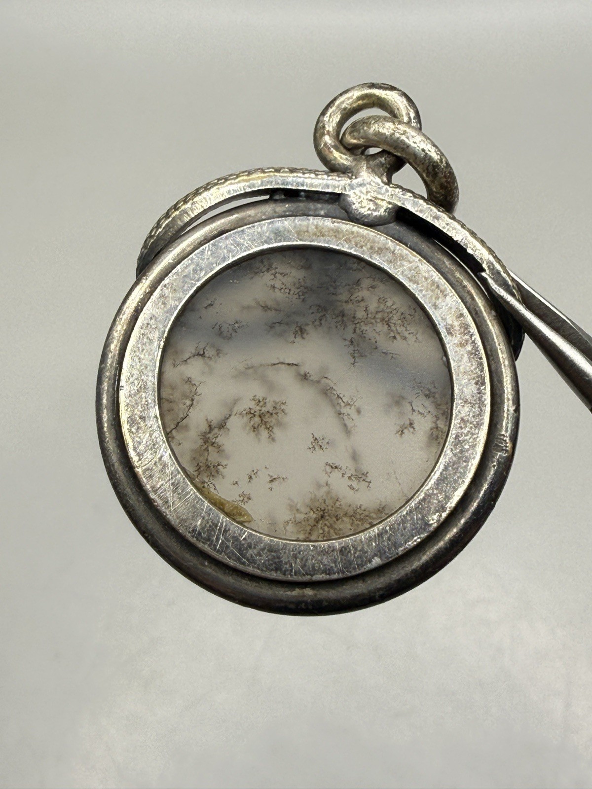 Antique Victorian Sterling Silver Snake Serpent Dendritic Agate Pendant