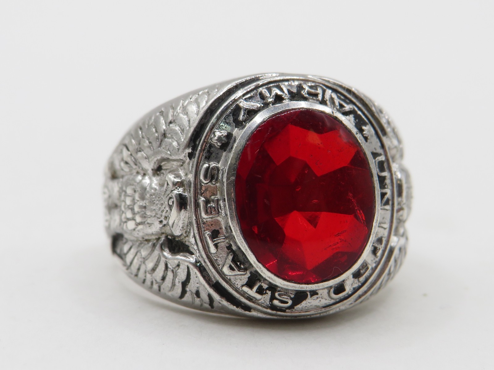 VINTAGE STERLING SILVER CREST CRAFT RED STONE UNITED STATES ARMY RING SIZE 9**