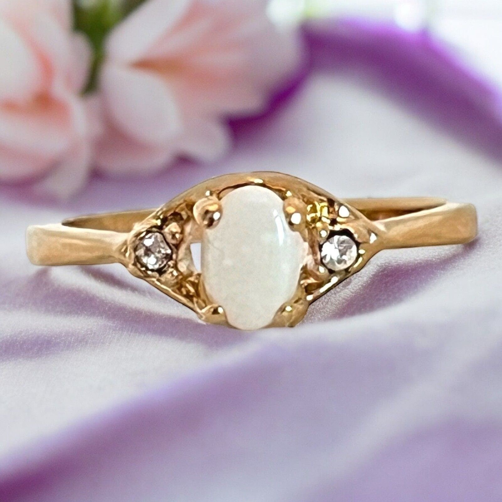 Vintage 1970s Uncas Opal Ring Size 7 14K Gold Plate Austrian Crystal -14M