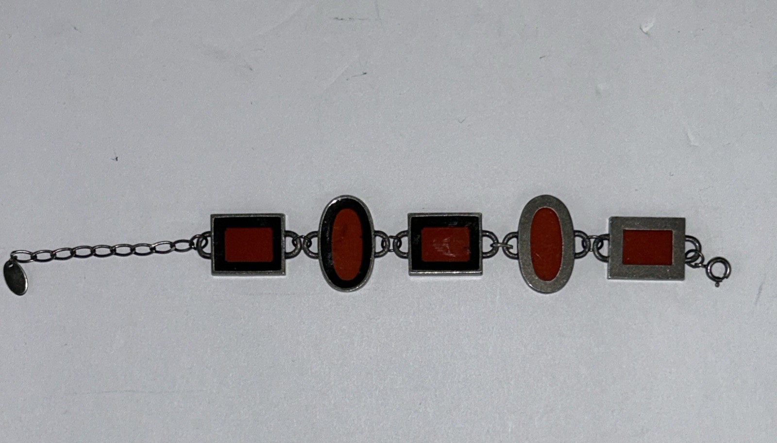 Vintage Bracelet Red Art Glass Retro Era Rectangle Silver Tone