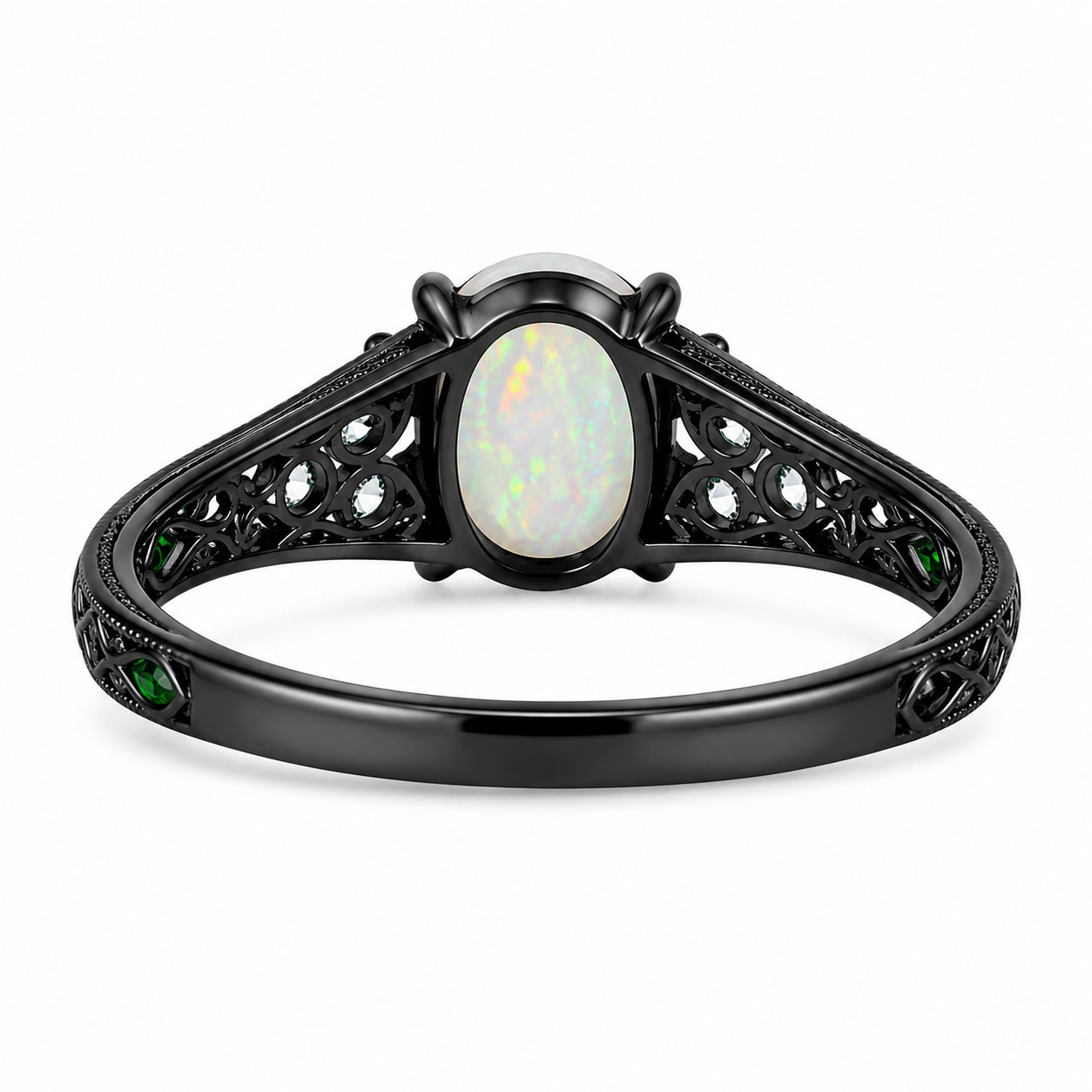 Vintage Ethiopian Opal Ring 925 Sterling Silver Black Rhodium Engraved Band