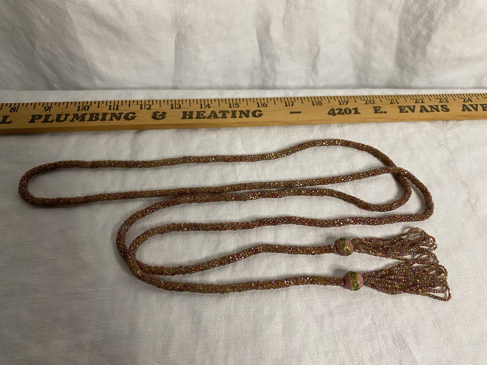 Vintage 1920’s Art Deco Pink Seed Beaded Sautoir Lariat Flapper Necklace