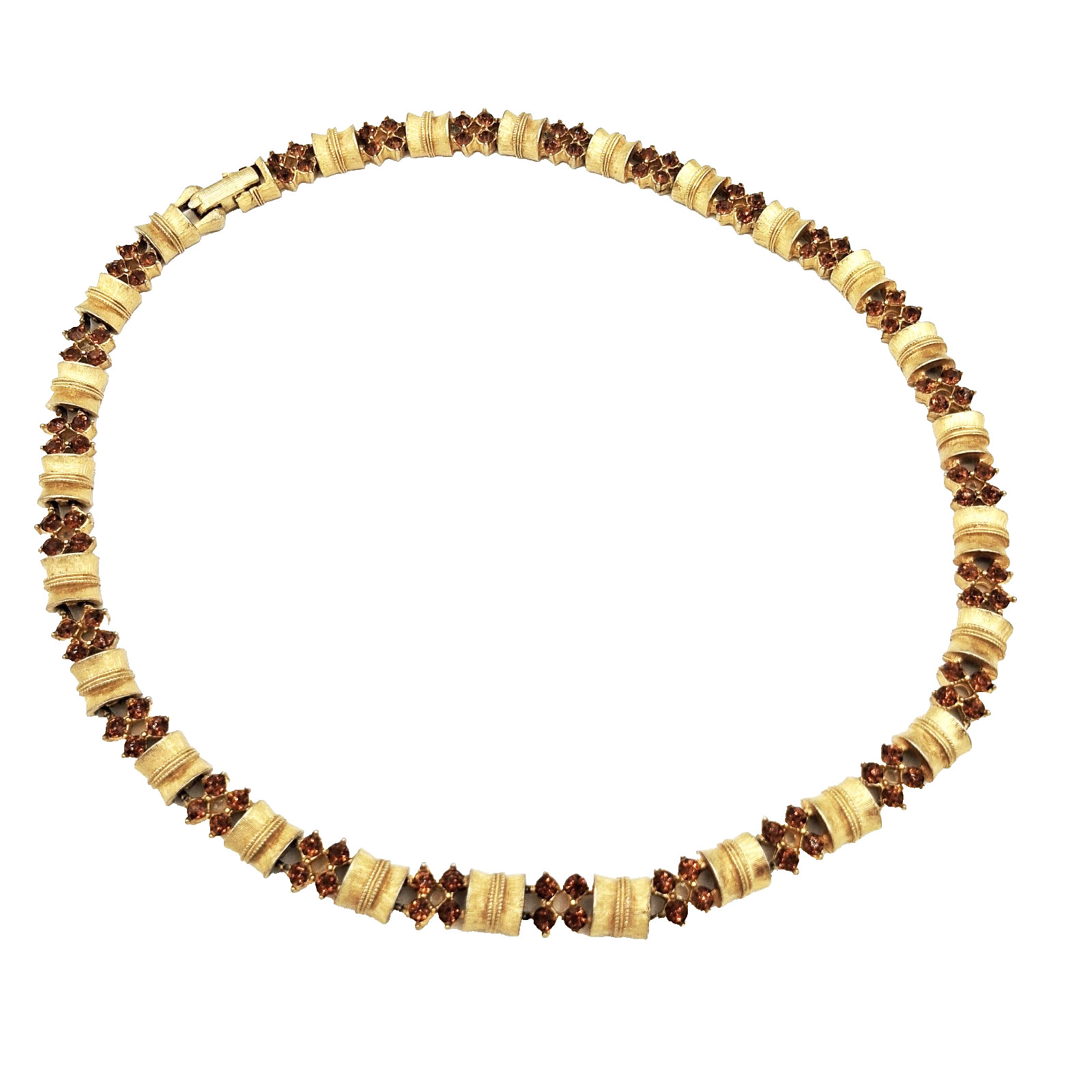 Vtg Gold Tone Link Necklace Amber Color Rhinestones Mid Century Choker 14″