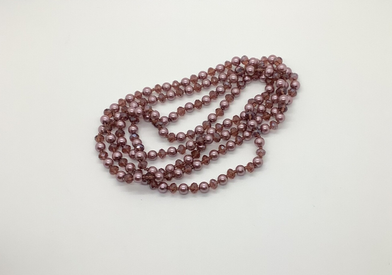 Vtg AB Smoky Lavender Purple Bead & Faux Pearl 59” Flapper Necklace Long