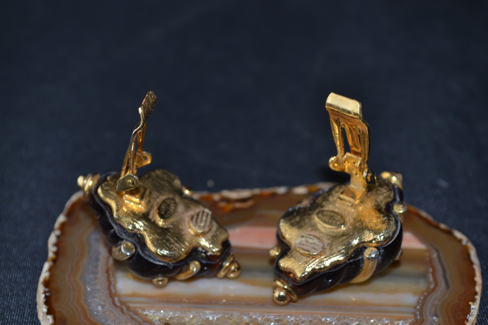 Kenneth Jay Lane KJL earrings clip on seashell Honey Amber color Lucite gold ton