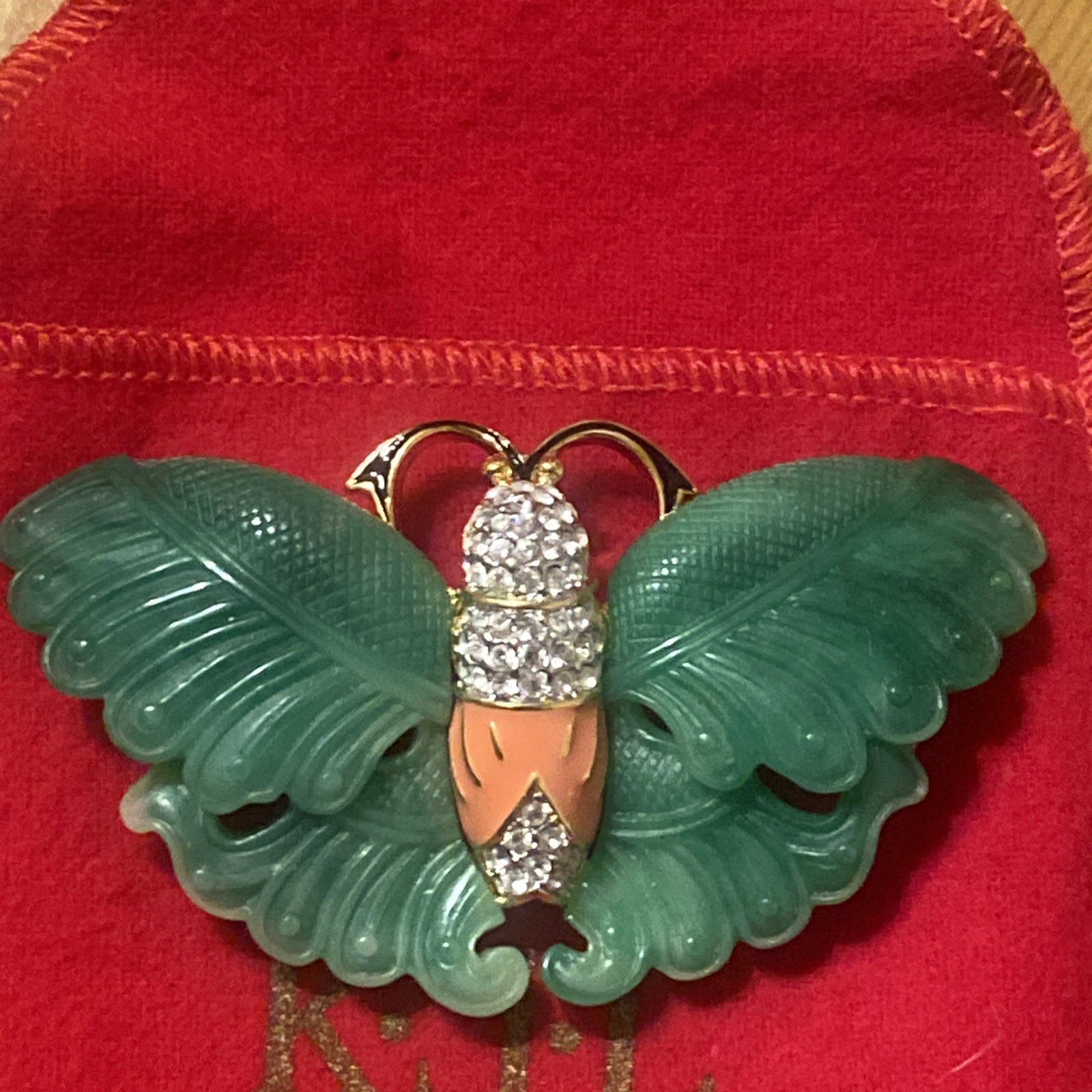 PreownedKJL Kenneth Lane Butterfly Moth Brooch Pin Vintage Faux Jade Rhinestone