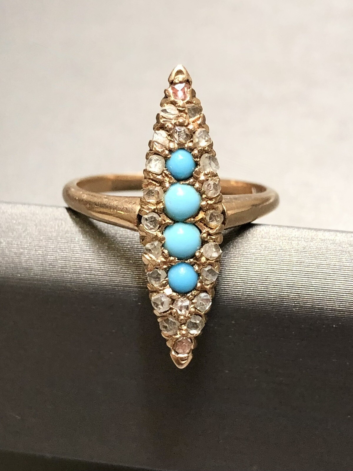 Antique Victorian 14K Rose Gold Turquoise Rose Cut Diamond Navette Ring Sz 5.5