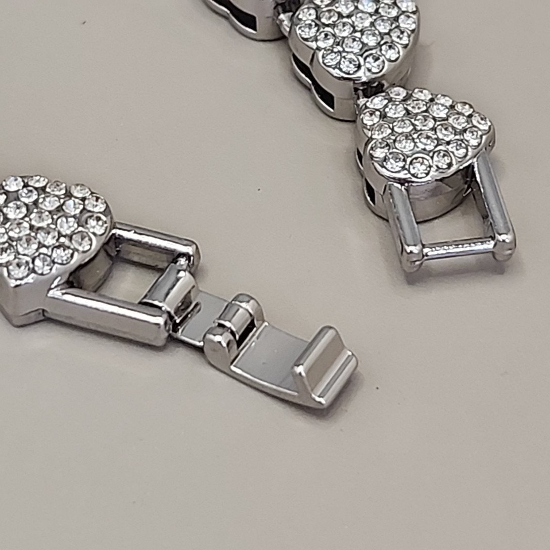 Vintage Heart Bracelet Pave Clear Rhinestones Silver Tone Linked 7.25″