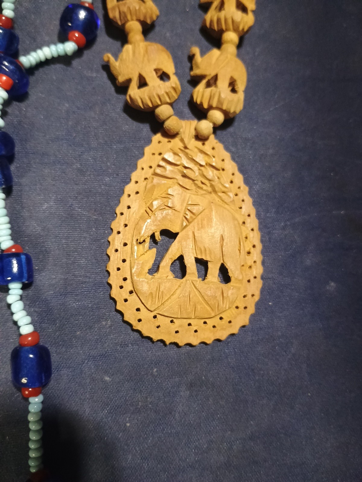 1 Vtg Carved Wooden African Elephant Necklace,Plus 3 Beaded Necklaces.