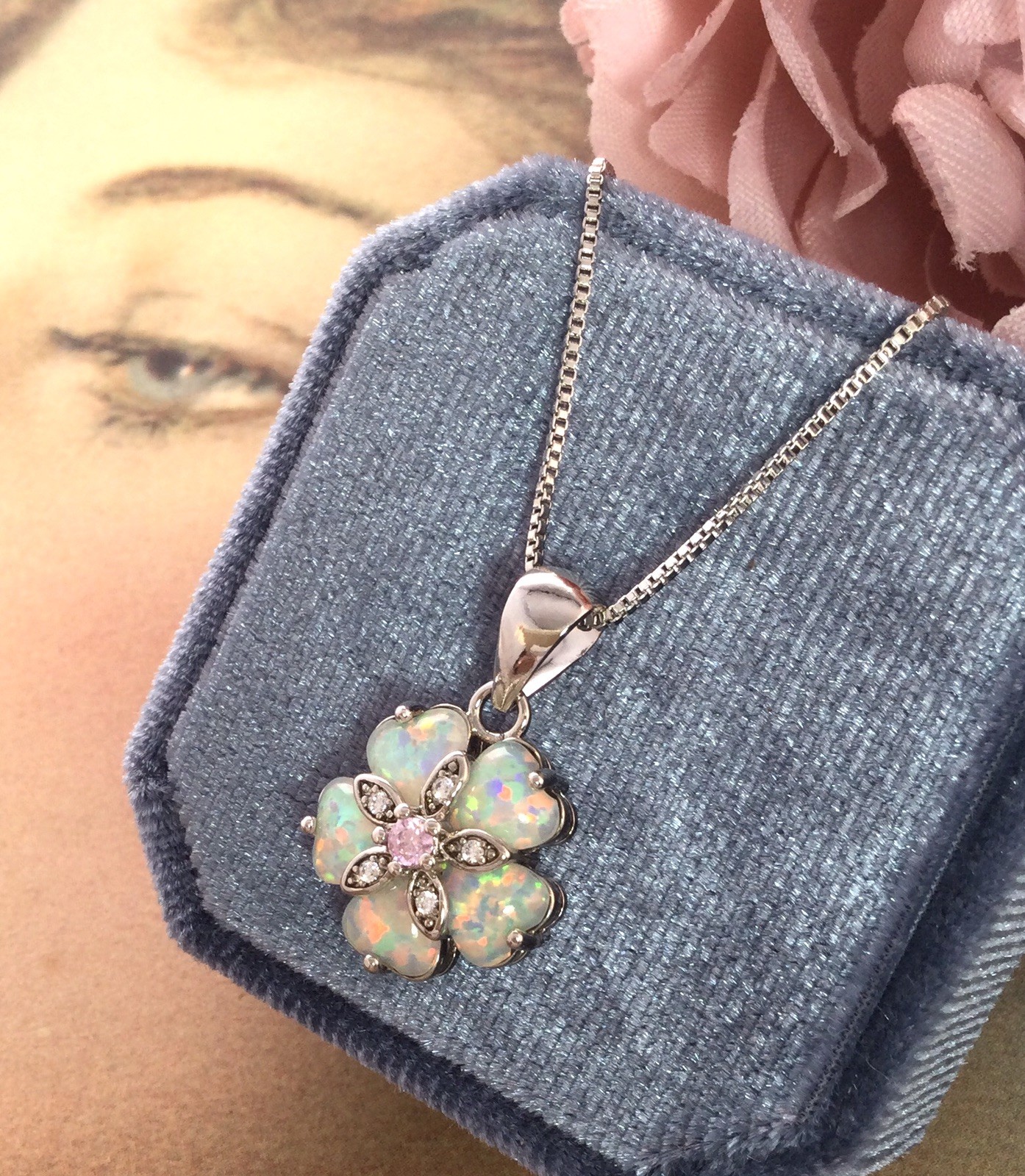 Vintage Jewellery Gold Necklace Blue Opal Sapphires Pendant Antique Deco Jewelry