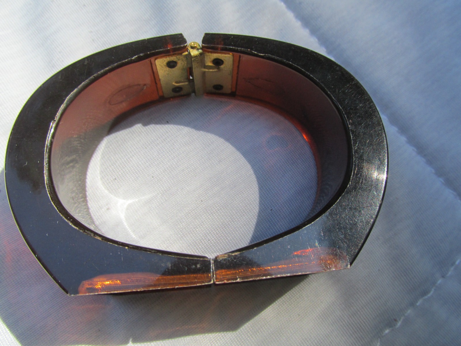 Vintage Lucite Clamper Bracelet GC Initials Brown 6.5″ Gold Plated Statement