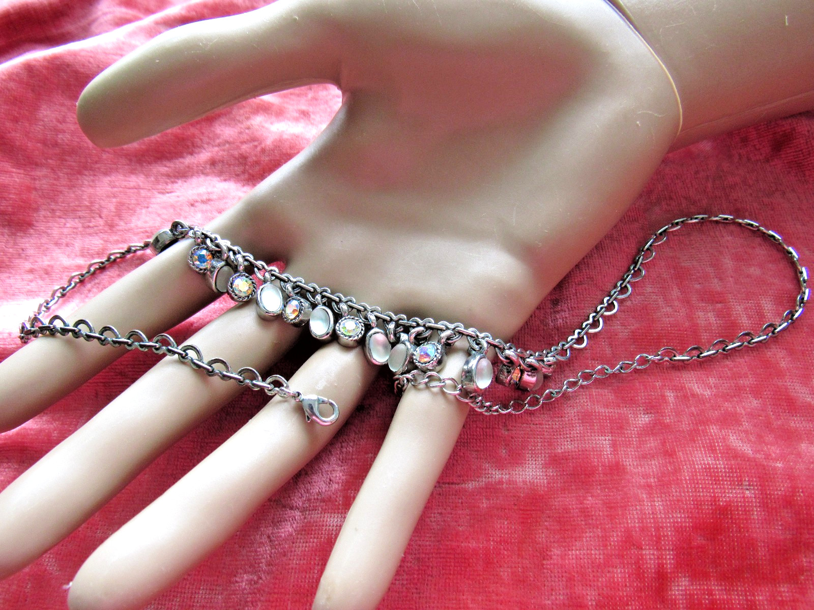 Vintage Necklace Unusual Heart Link Chain AB Rhinestones Glass Moonstone Dangles