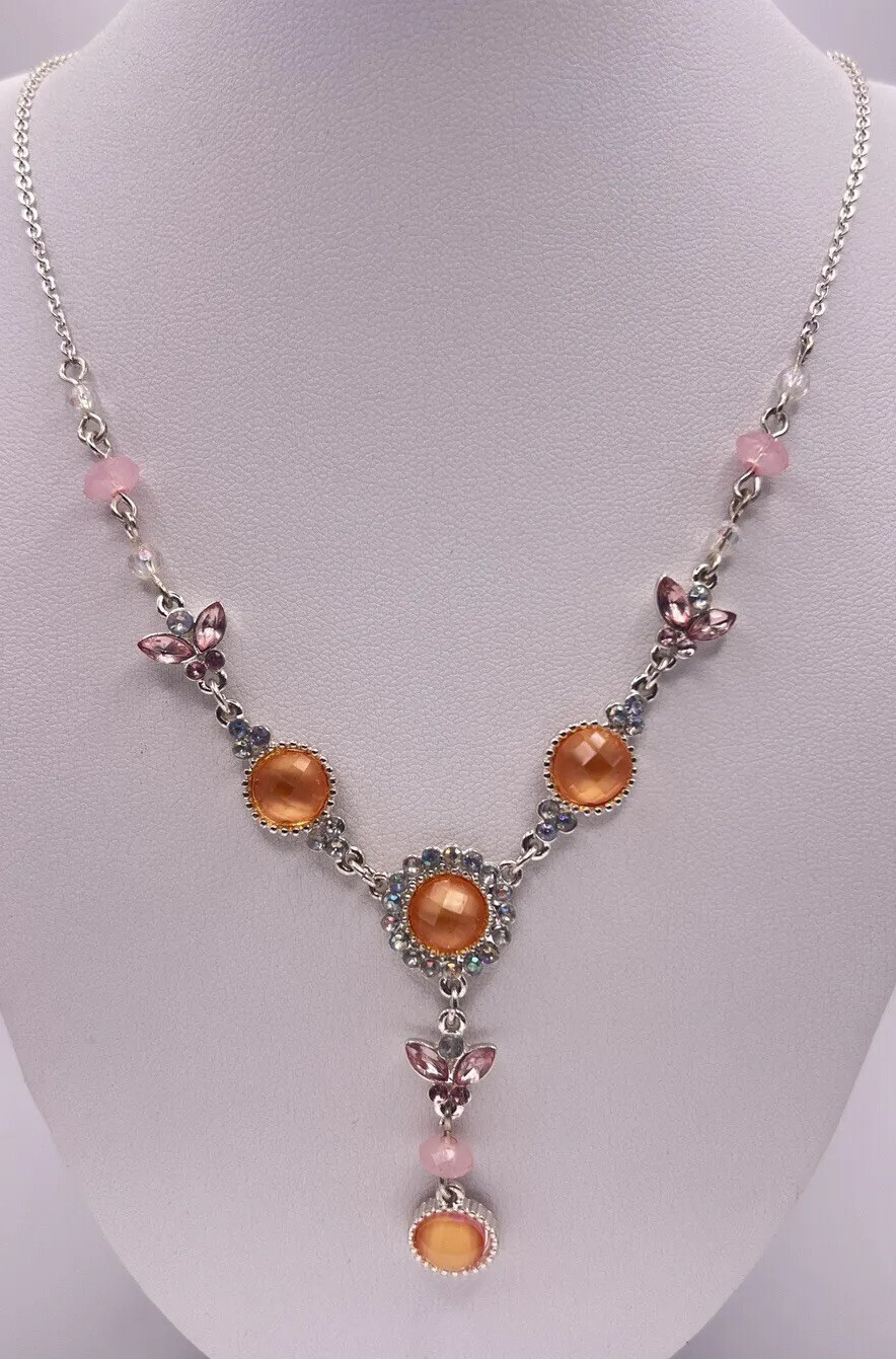Vintage Silver Tone Orange Pink Rhinestone Butterfly Dangle Necklace 21 In