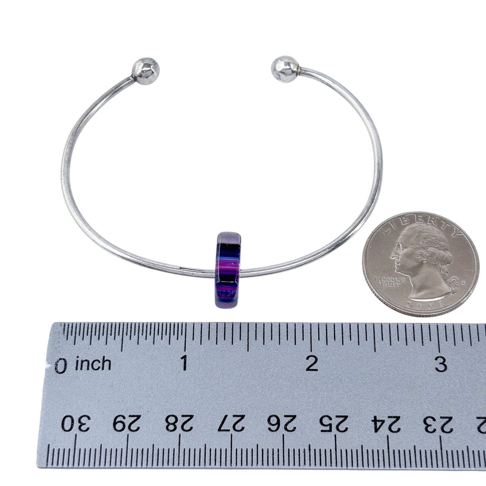 Ball Tip Cuff Bracelet | Purple Glass Charm | Vintage Sterling Silver 925 | 6.5″