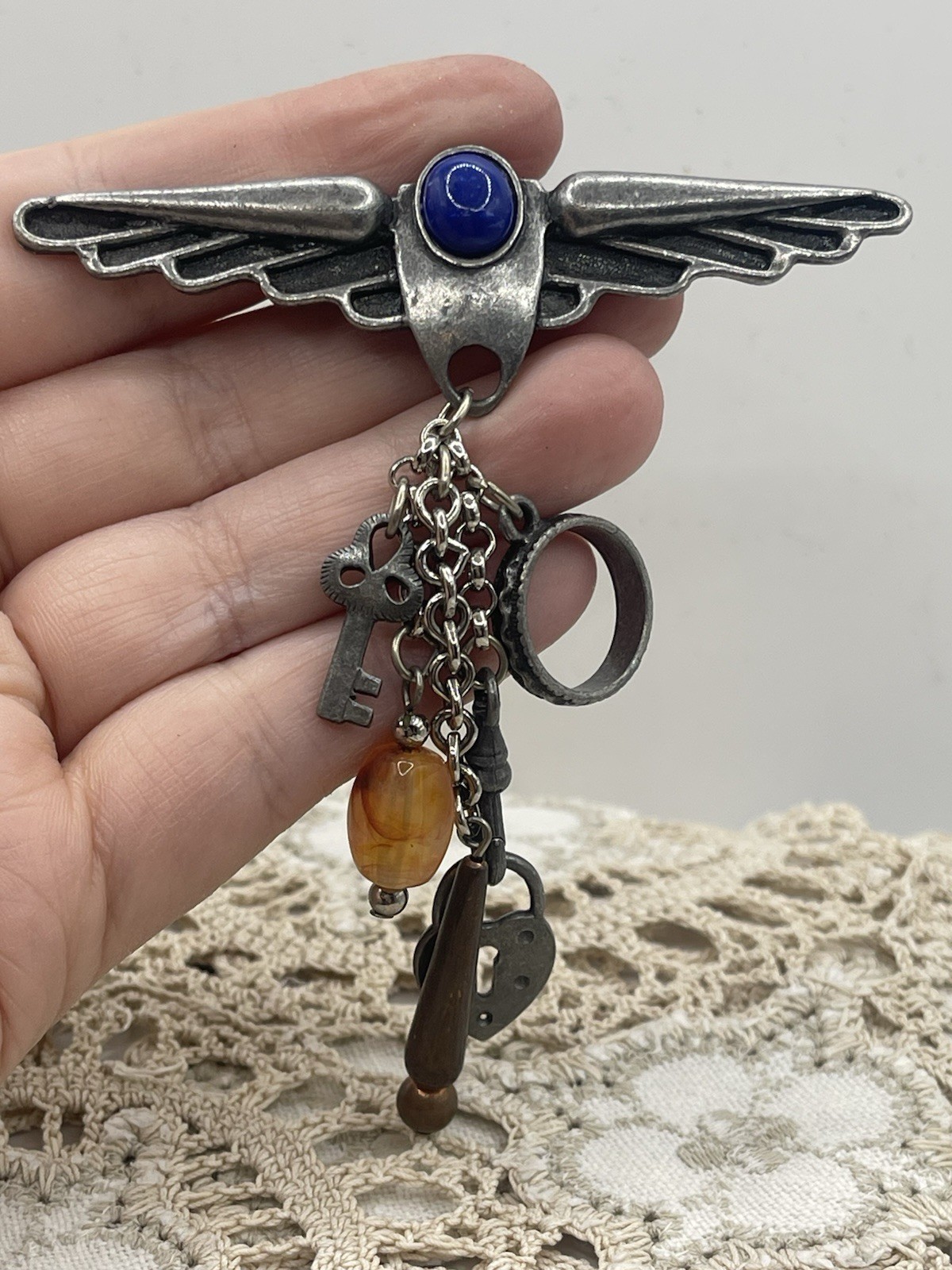 Vtg Steampunk Wings Dangle Chain Charm Pewter Brooch Pin Glass Copper 4”