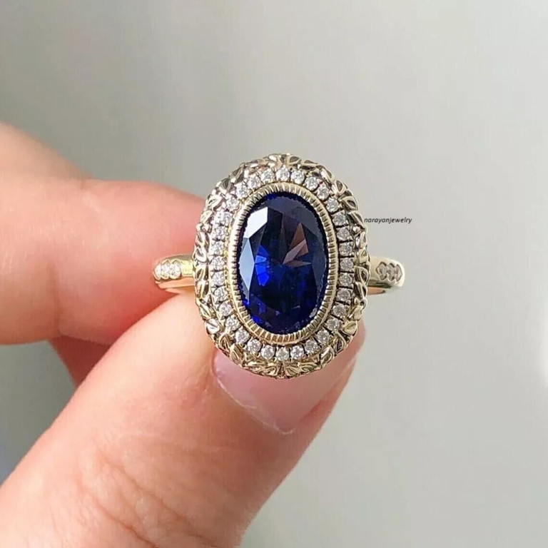 Edwardian 3.00Ct Lab Created Sapphire Halo Wedding Ring 14K Yellow Gold Finish