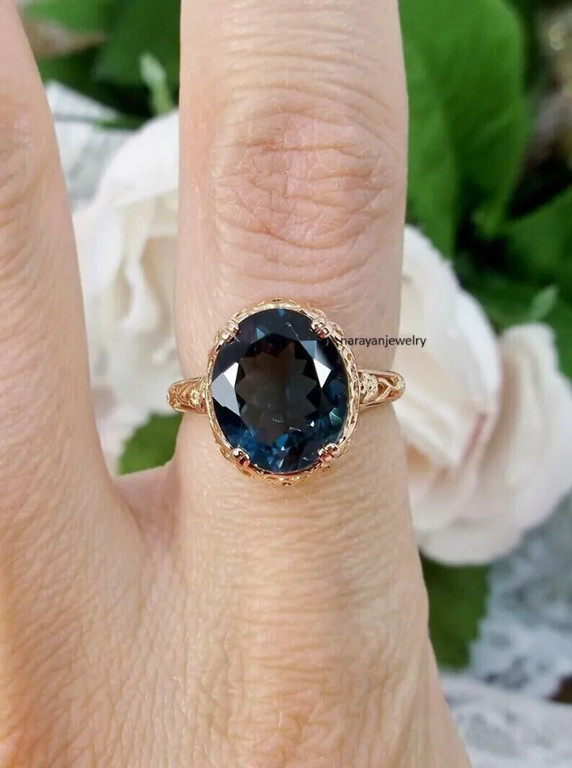 Edwardian Vintage 2.50Ct London Blue Topaz Solitaire Ring 14K Rose Gold Plated