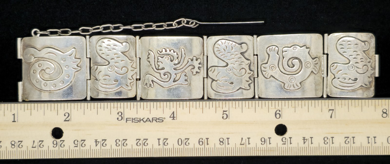 Vtg Sterling Silver Mexico Tribal Warrior Dragon Mythical Creature Bracelet