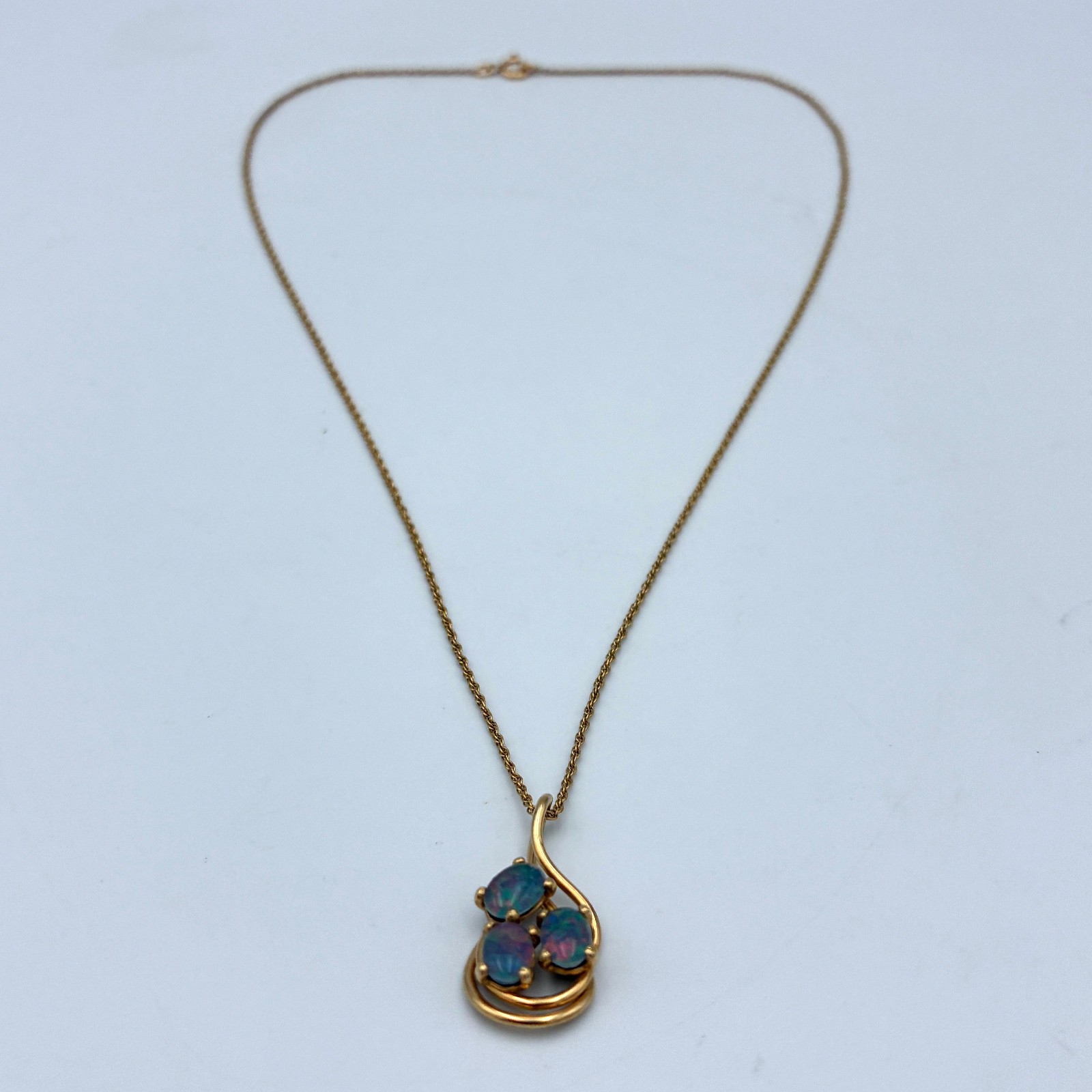 Vintage Opal Triplet Necklace Pendant w/ Gold Filled Chain 17″